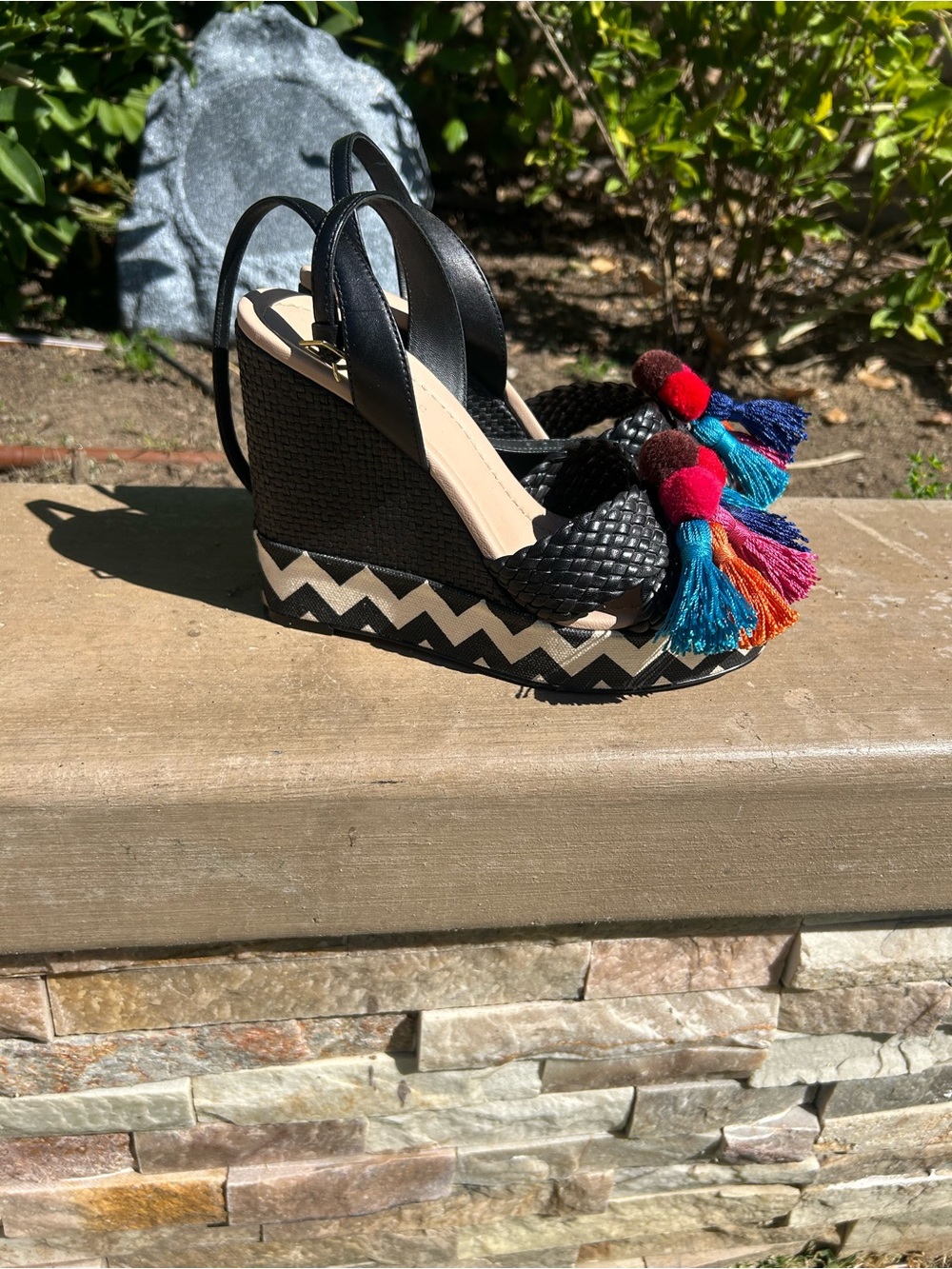 Kate Spade Black Woven Espadrille Wedge Sandals with Multicolor Tassels